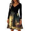 Women's V-Neck Long Sleeve Vintage Halloween Print Dress for Casual Everyday Wear