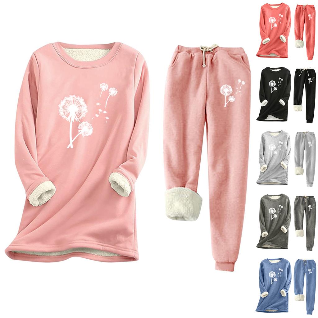 Women's Print Round Neck Warm Suit Long Sleeve Fleece Drawstring Sweatpants Two-Piece Set