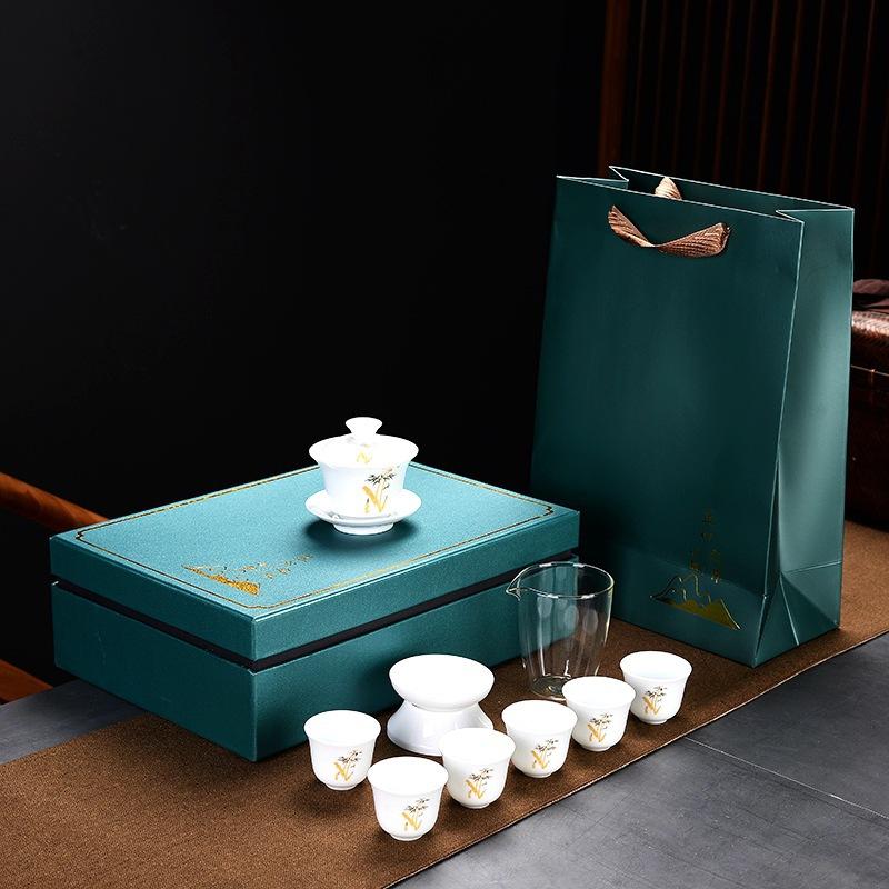 Household Kung Fu Tea Set High White Porcelain Blue and White Tea Set Business Gifts