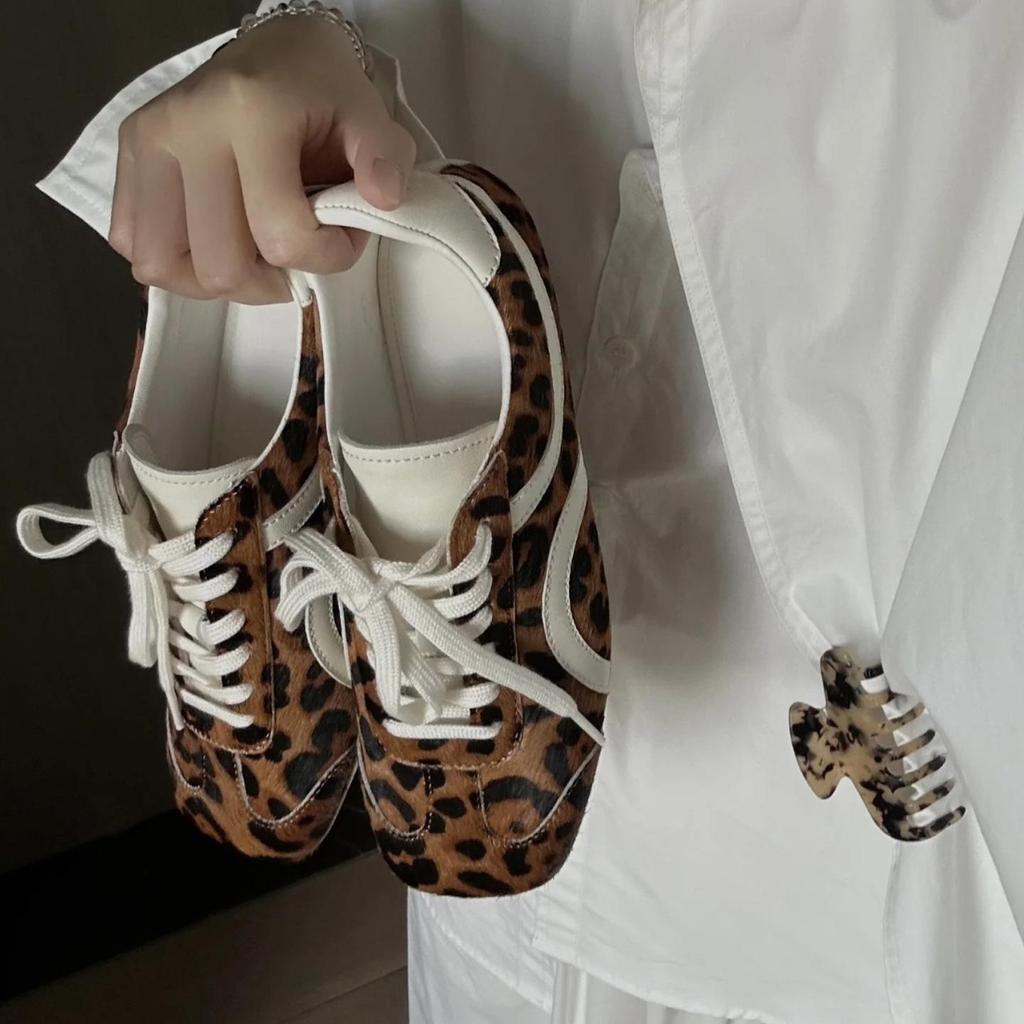 Damen Retro Leopard Print Sneaker - Herbst/Winter 2025 Schnürschuh Quadratische Zehenpartie Lässige Ballerinas in Braun