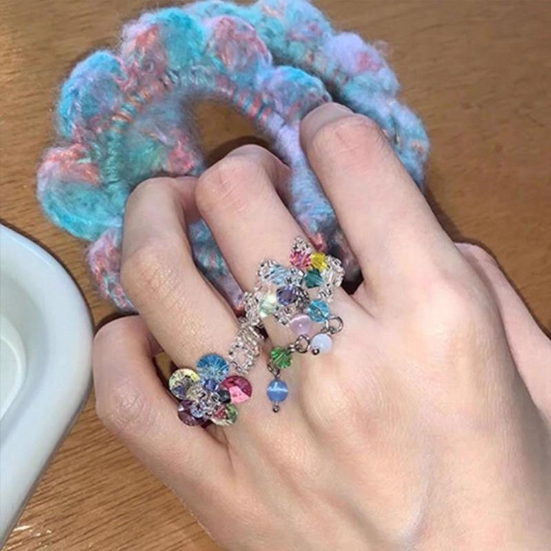 Fashionable Crystal Beaded Floral Rings Tassels Flower Rings Adjustable Finger Rings Jewelry Stylish Accessory for Women