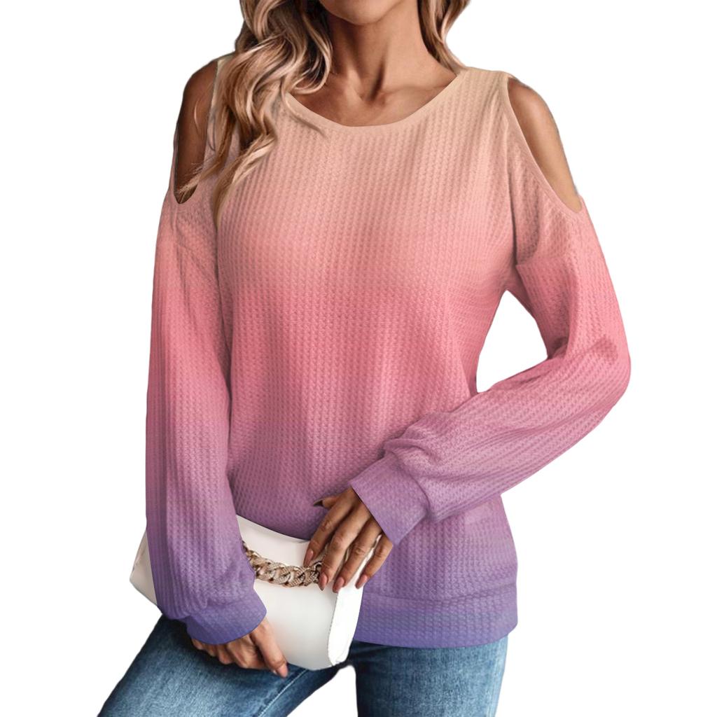 Women's Winter Oversized T-Shirt Fashionable Off-the-Shoulder Round Neck Vintage Floral Print Pullover Long-Sleeved Top