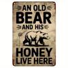 Vintage Metal Poster Bear with Honey Barrel Bar Wall Decor