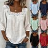 Neues einfarbiges Baumwoll-Leinen-Quadratkragen-Spitzen-Patchwork-Oberteil für Damen - Sommer-Dreiviertelärmel