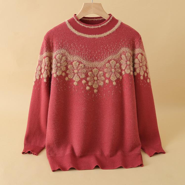 Mom with Velvet Thickened Sweater In Autumn and Winter Middle-aged and Elderly Women Wearing Grandma Knitted Base Shirt Warm Top