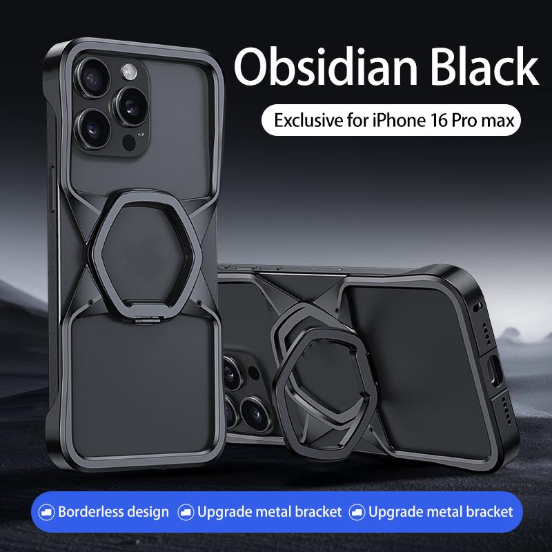 Hot Aluminum Alloy Magnetic Frameless Phone Case for iPhone 16 15 14 Pro Max With Metal Kickstand Shockproof Bumper Shells Cover