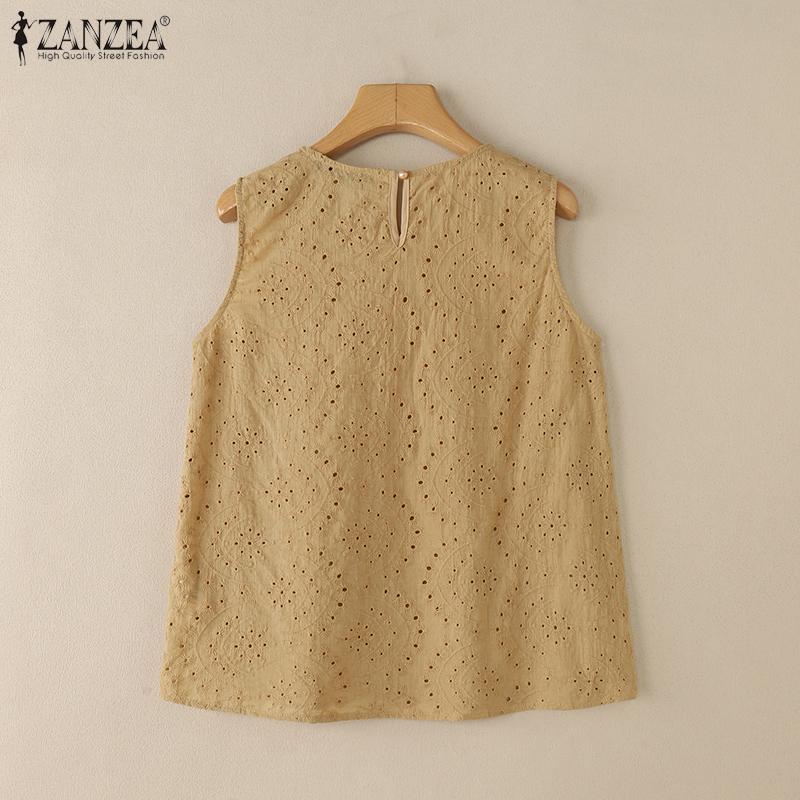 ZANZEA Women Casual Round Neck Summer Embroidery Crochet Sleeveless Tank Tops