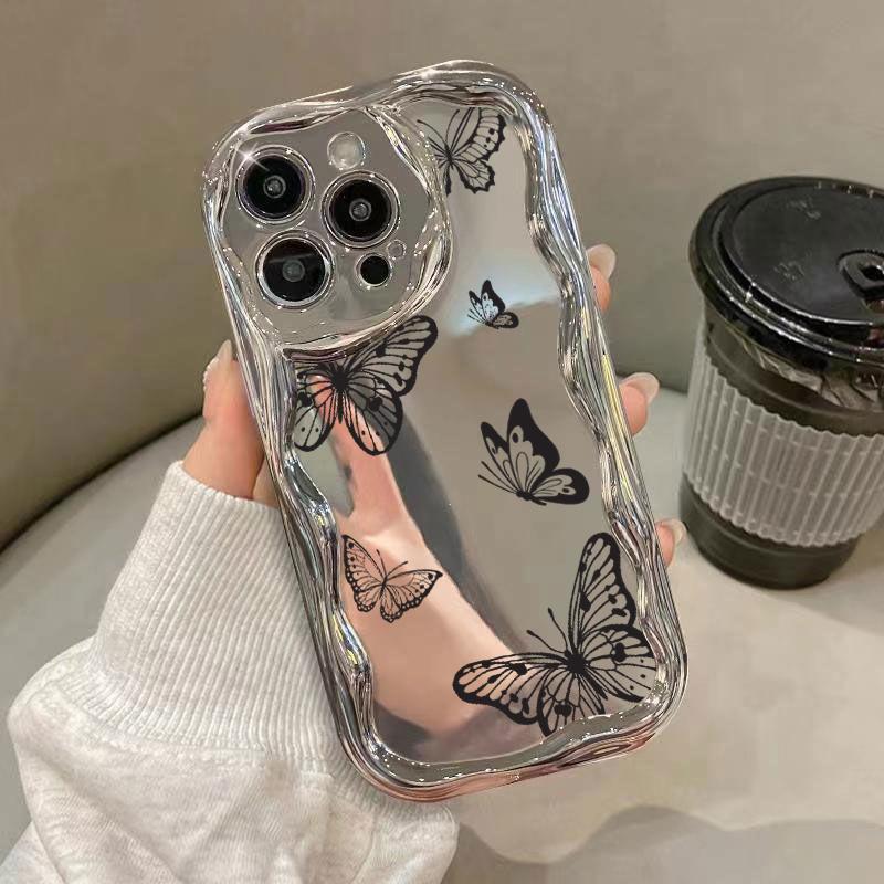 Glossy Plating Butterfly Love Heart Pattern Case For iPhone 15 14 Pro 13 Pro Max 12 11 Wave Frame Soft Shockproof Lens Protection Mirror Phone Cover