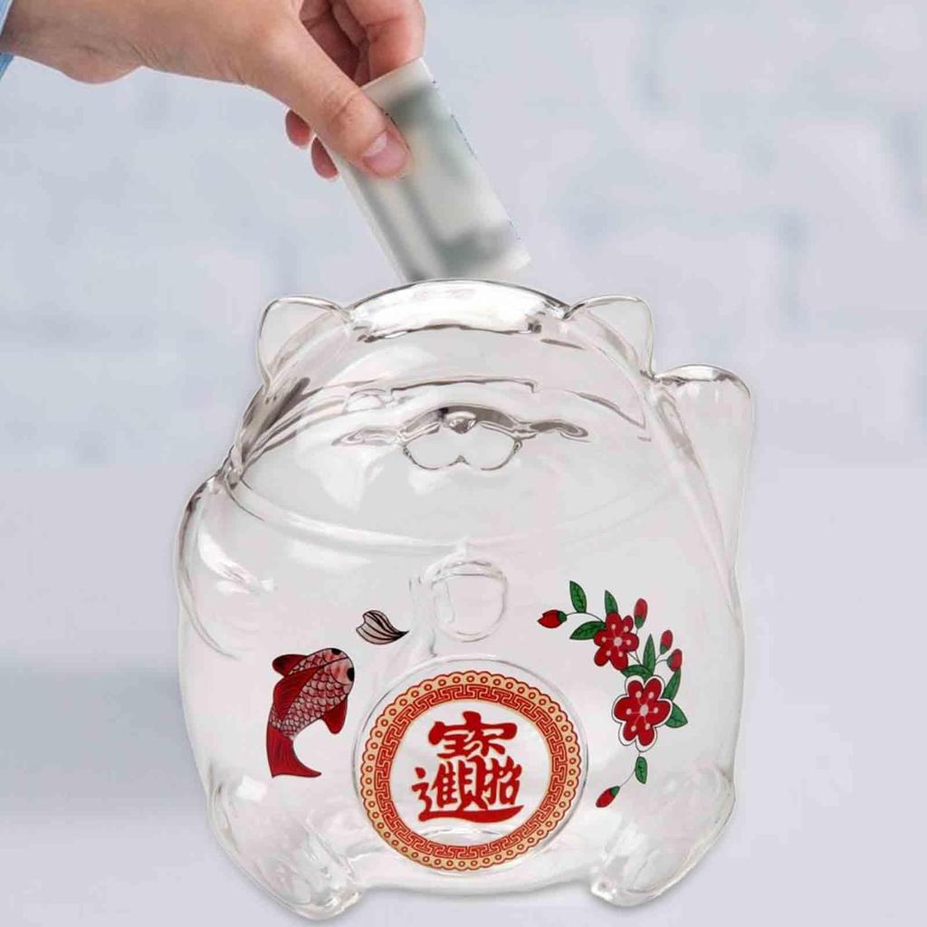 Klar Glass Lykkekatt Sparebøsse Pengeboks Skrivebordsornament, Pengebesparende Krukke Lykkekattstatue, Pengebesparende Boks for Barn