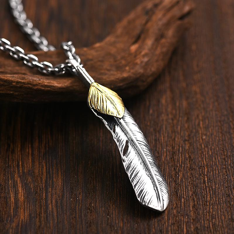 Xinqin Jewelry 925 Silver Feather Necklace Men's Trendy Brand Retro Hip Hop Couple Personalized Versatile Silver Pendant