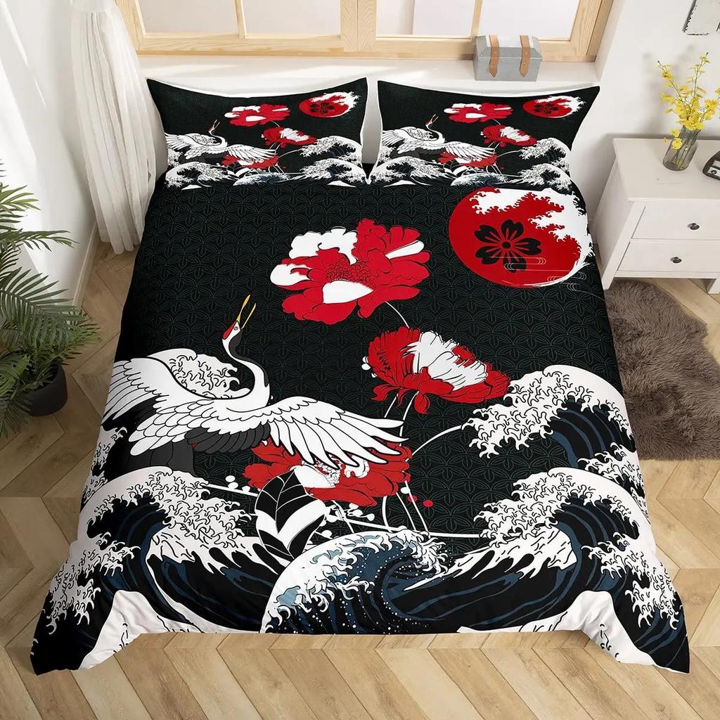 Comforter Koi Fish Carp Tie Dye Bedding Sets Traditional Chinese Ink Art Lotus Leaf Nature Full Size