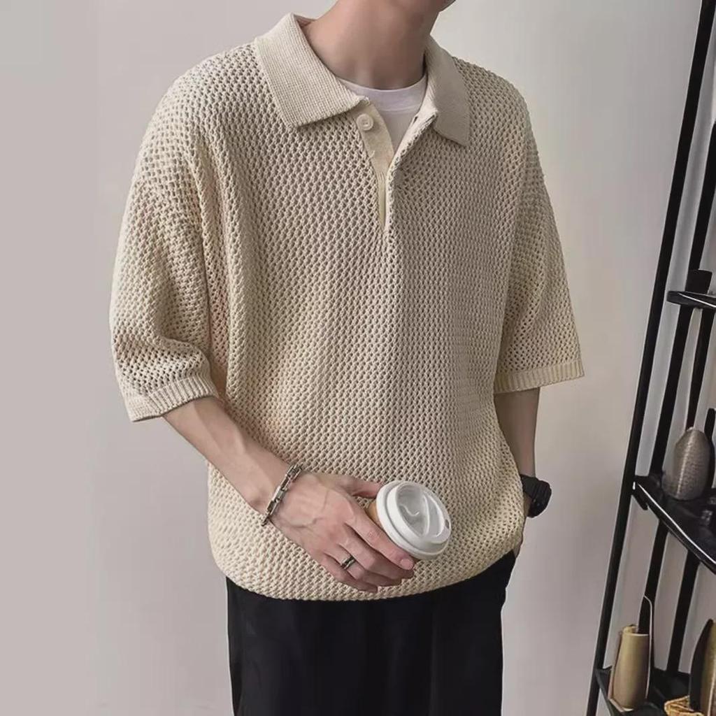 Men's Summer Polo Shirt - Hollow Knit, Short Sleeve, Breathable, Old Money Style, High-End, Shirt Collar