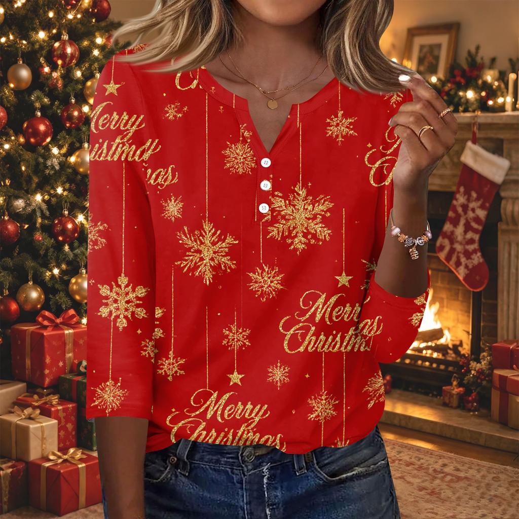 Haut Décontracté T-shirt Femme Imprimé Noël Col en V Boutonné Manches Trois-Quarts