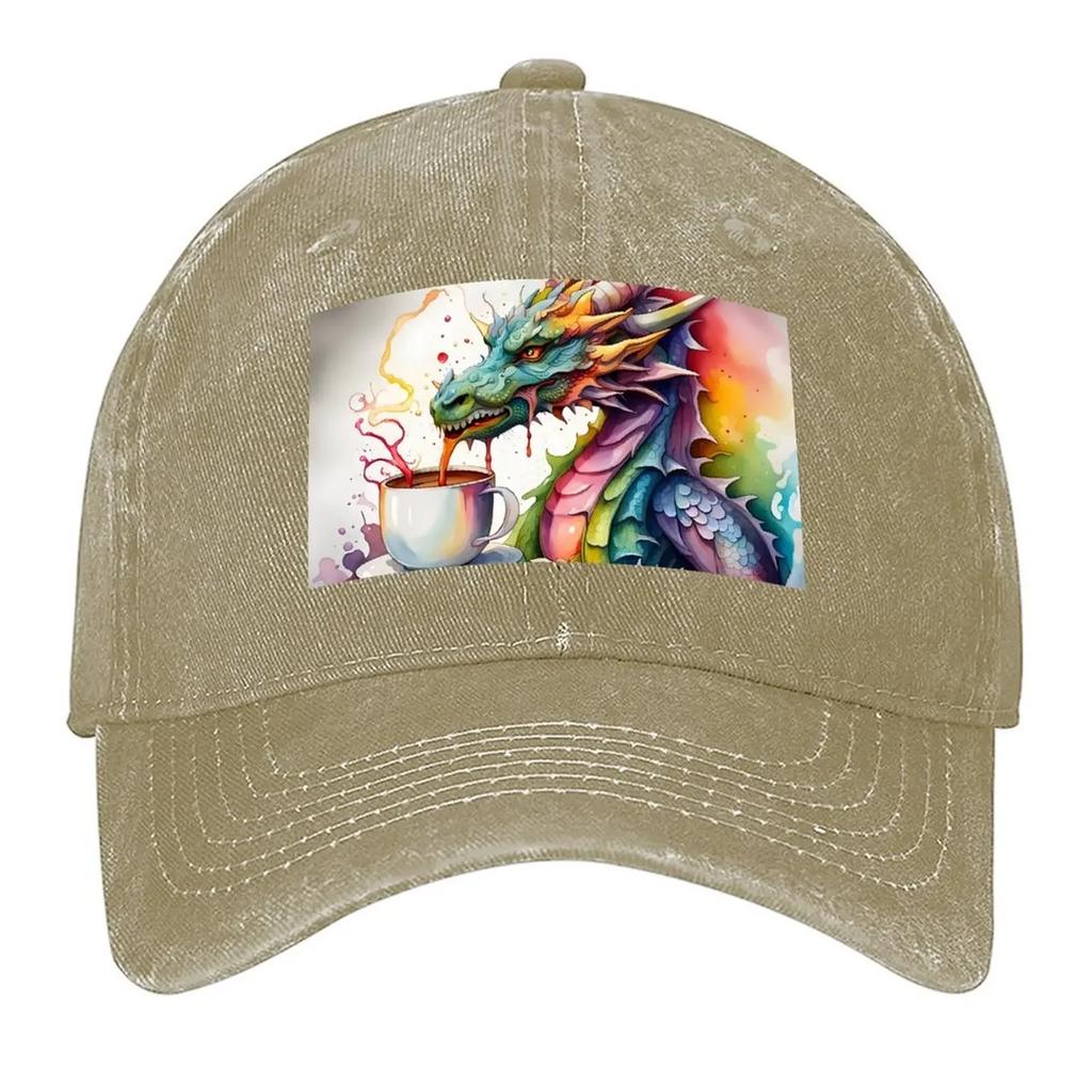 Watercolor Dragon with his Morning Coffee Baseball Cap birthday custom caps Sun Hat For Children Vintage Unisexs Tennis Women
