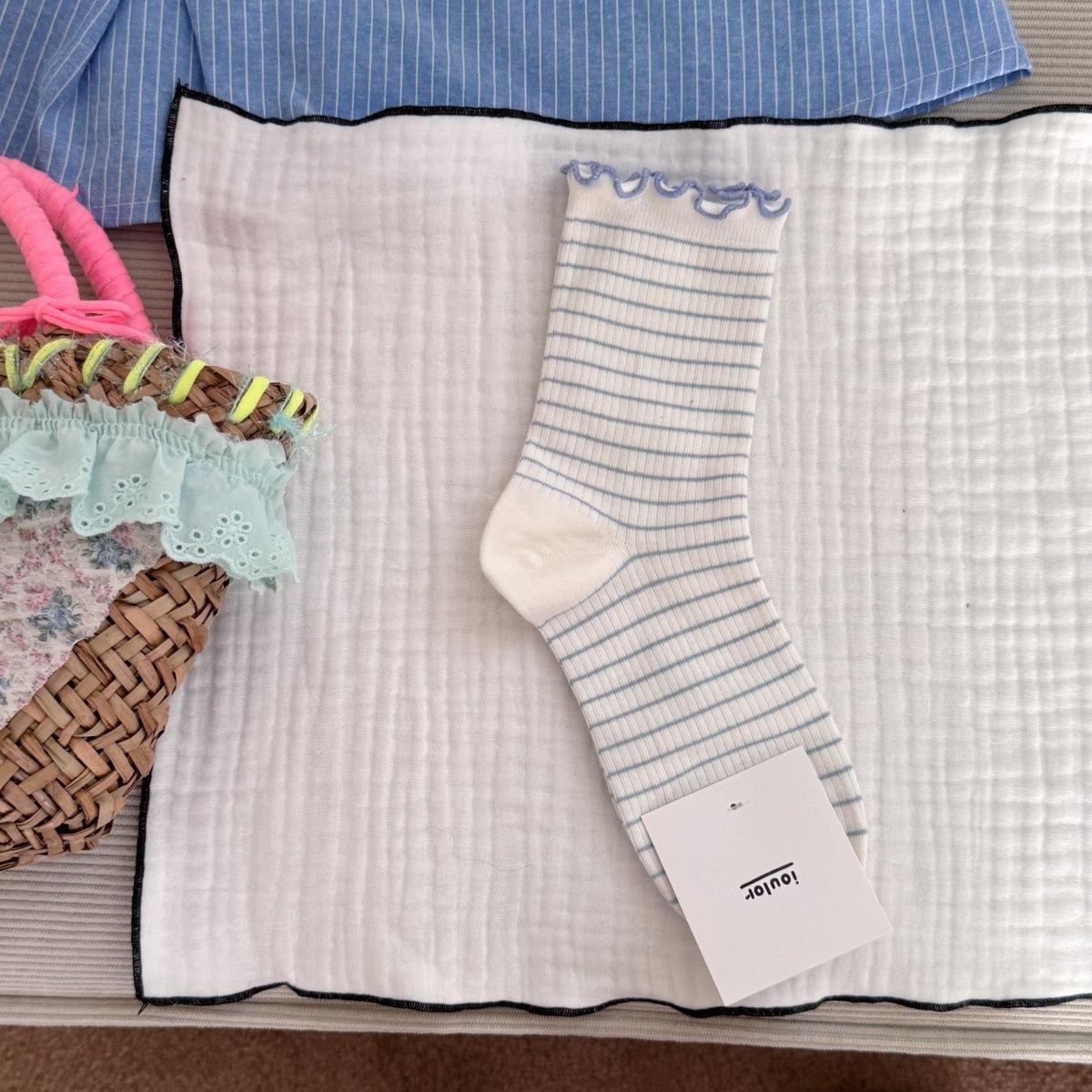 

Женские весенне-осенние новые милые кружевные полосатые бесшовные носки-трубы из хлопка 1 pair белый/синий