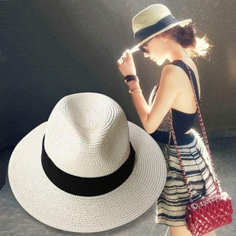 Fresh Latest Brand New Women Summer Straw Hat Trendy Fashionable Beach Cowboy Jazz Cap Black Ribbon Female Panama Sun Protection Hat