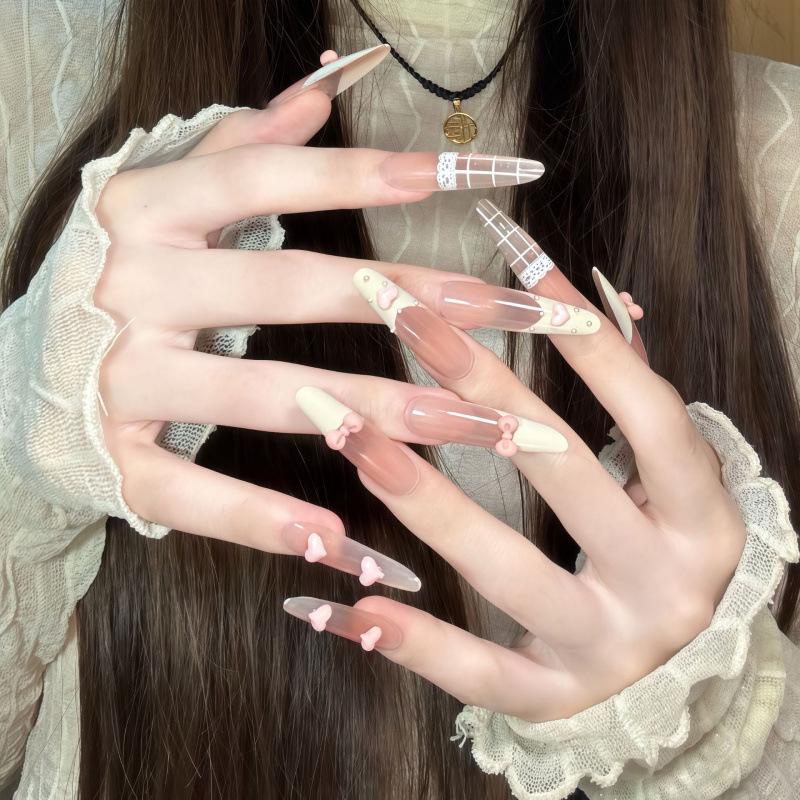 Semi-Handmade Sweet Girl Yellow Lace Press-On Nails with Bow Knot Design