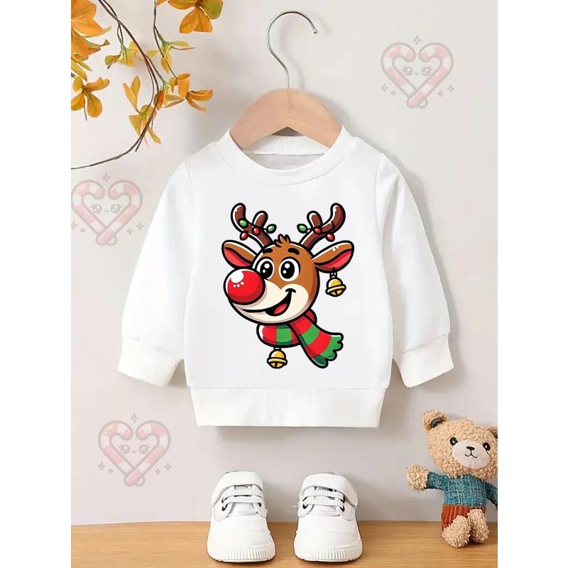 A Single Piece, White Round-Neck Sweatshirt , Featuring a Cute Reindeer Print,Casual Sweatshirt for a Lively And Playful Style, Soft And Skin-Friendly 110 белый