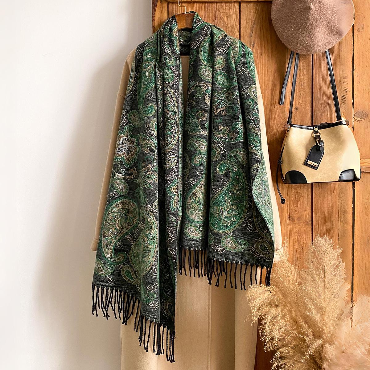 Modischer Warmer Kaschmirschal für den Winter - Damen-Fransen-Vintage-Blumen-Ölgemälde-Druck-Pashmina-Dicker Schal & Poncho black