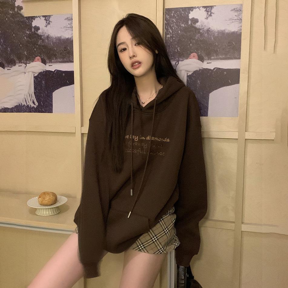 

Женские свободные свитера с длинным рукавом и капюшоном с круглым вырезом, женские топы, однотонные толстовки M кофейный