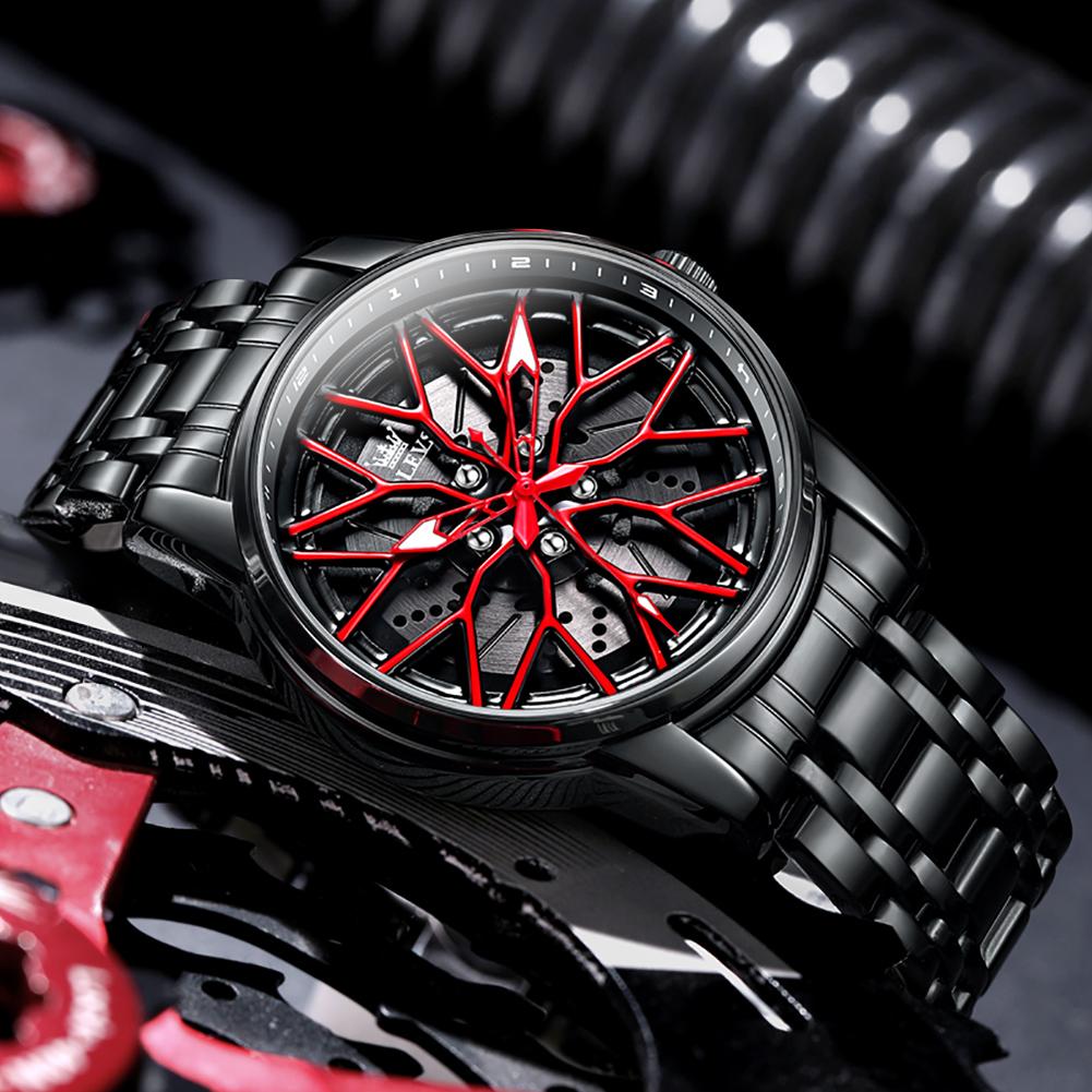 OLEVS Wheel Hub Dial Design Man Wristwatch Black Stainless Steel Men Watch Waterproof High Quality Men's Military Quartz Watches