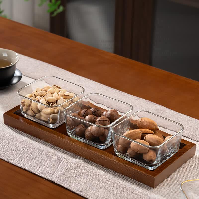 Solid Wood Segmented Serving Tray with Glass Bowls
