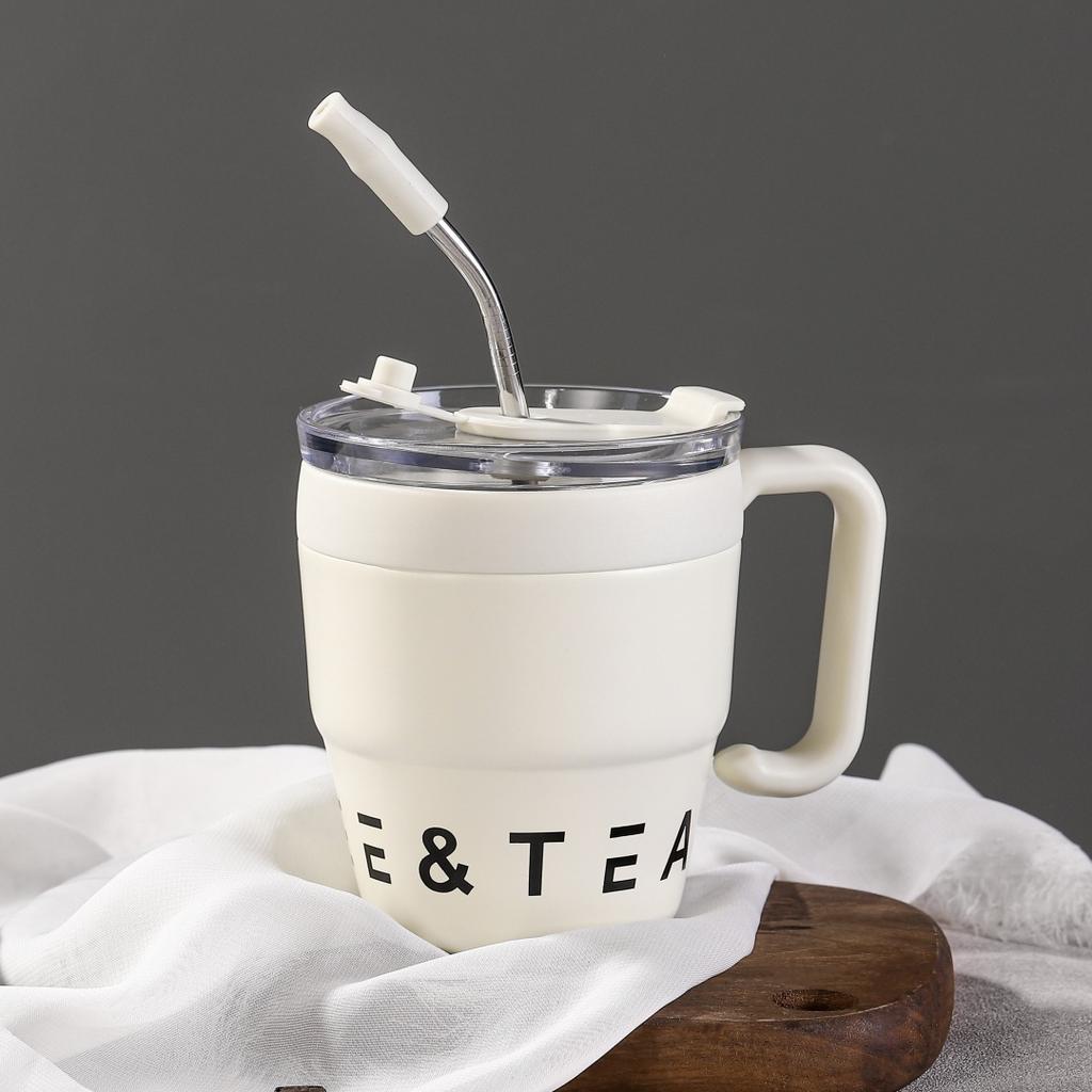 Wake Up Coffee Cup Handle Straw Cup Stainless Steel Coffee Cup Thermos Cup Men's and Women's Water Cups Office Mugs
