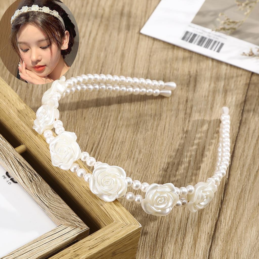 Sweet and Elegant Rose Red Faux Pearl Headband Women's Hair Accessory with Double-Layer Design, French Bridal Headpiece Suitable for Wedding