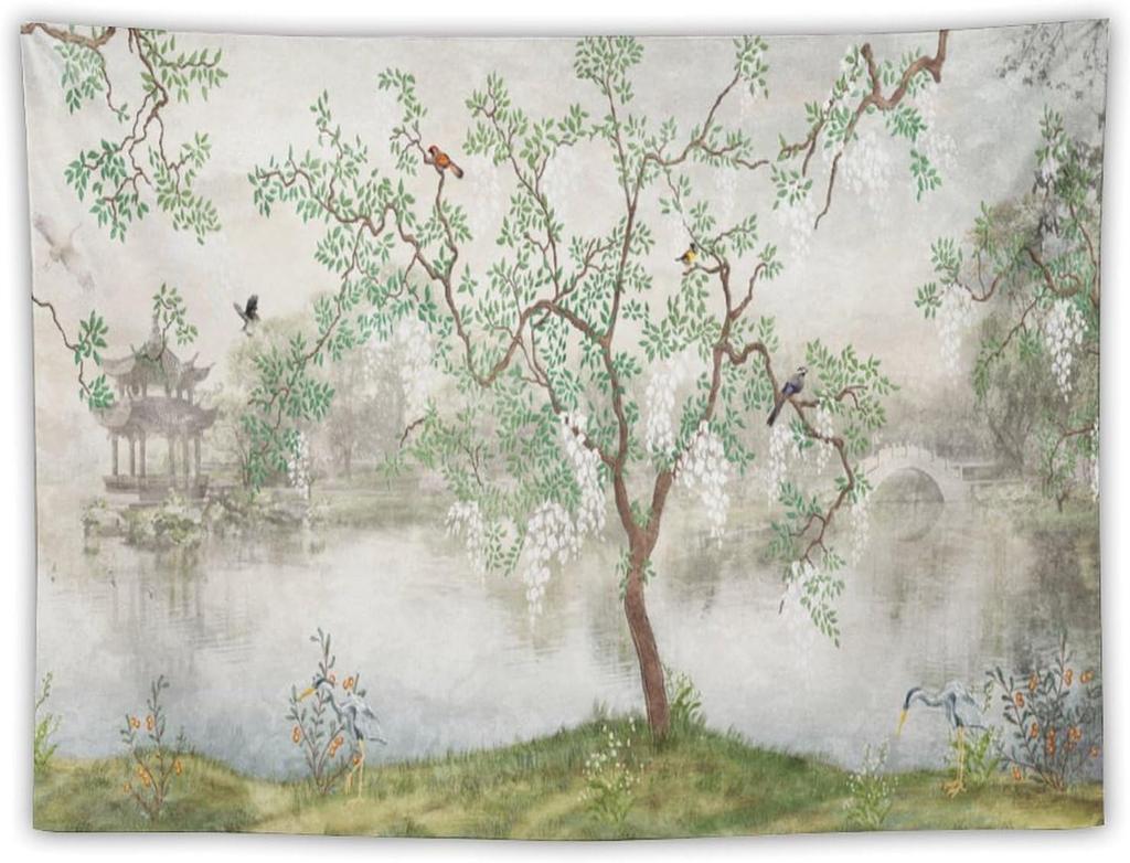 Japanese Tapestry Cherry Blossom Crane Sea Wave Fuji Mountain Red Sun Pattern Printed Wall Tapestry Painting Wall Hanging for