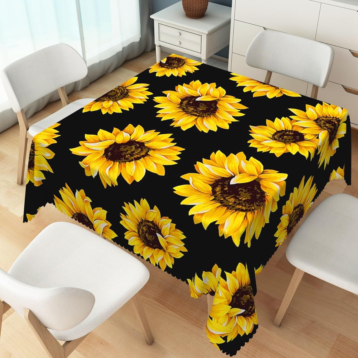 Zonnebloem Rechthoekige Tafelkleed Feest Decor Wasbaar Zomer Gele Bloemen Zwart Polyester Tafelkleed Keuken Eettafel Decor 140x140cm