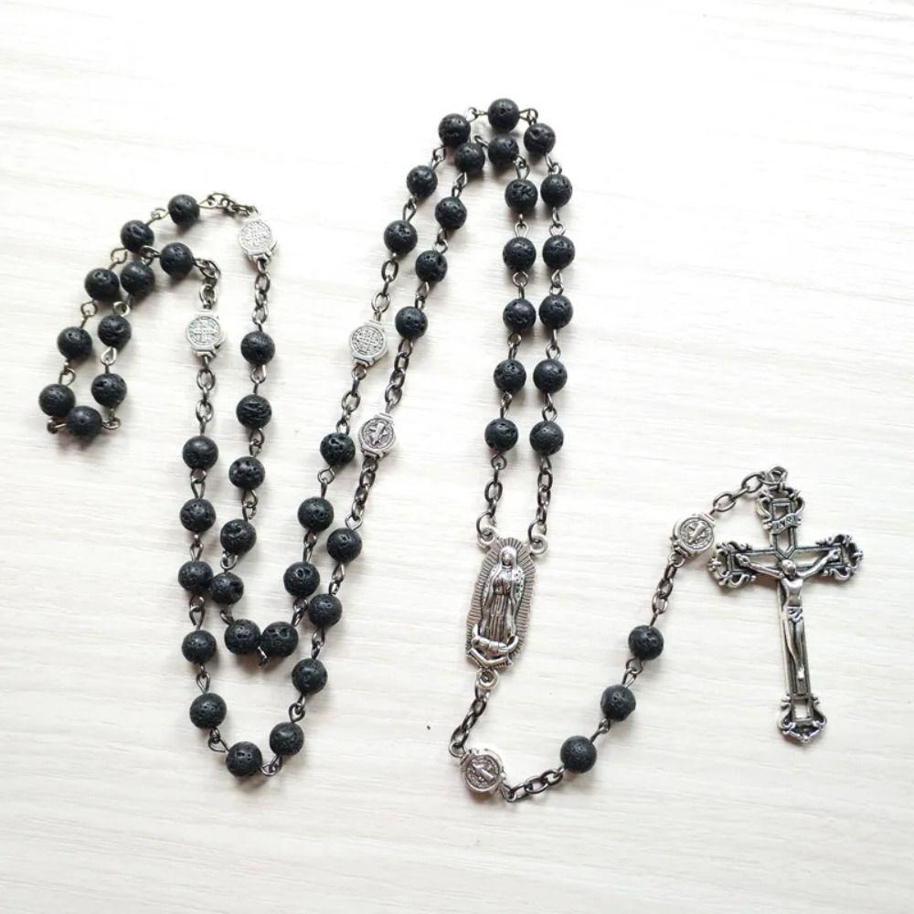 Long Cross Chain Vintage Crucifix Pendant Chain Black Gallstone Rosary Necklace  Women