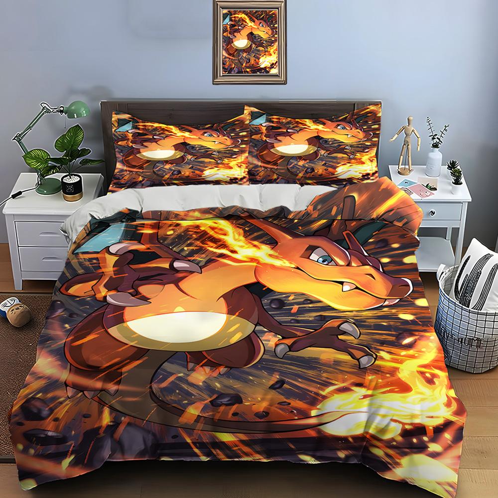 10 Sizes Pokémon Charizard Print Bedding Set 3 Pieces Setting Bed King Size Pillowcase Adult Bed Cover Bedroom Bed Set for Gifts