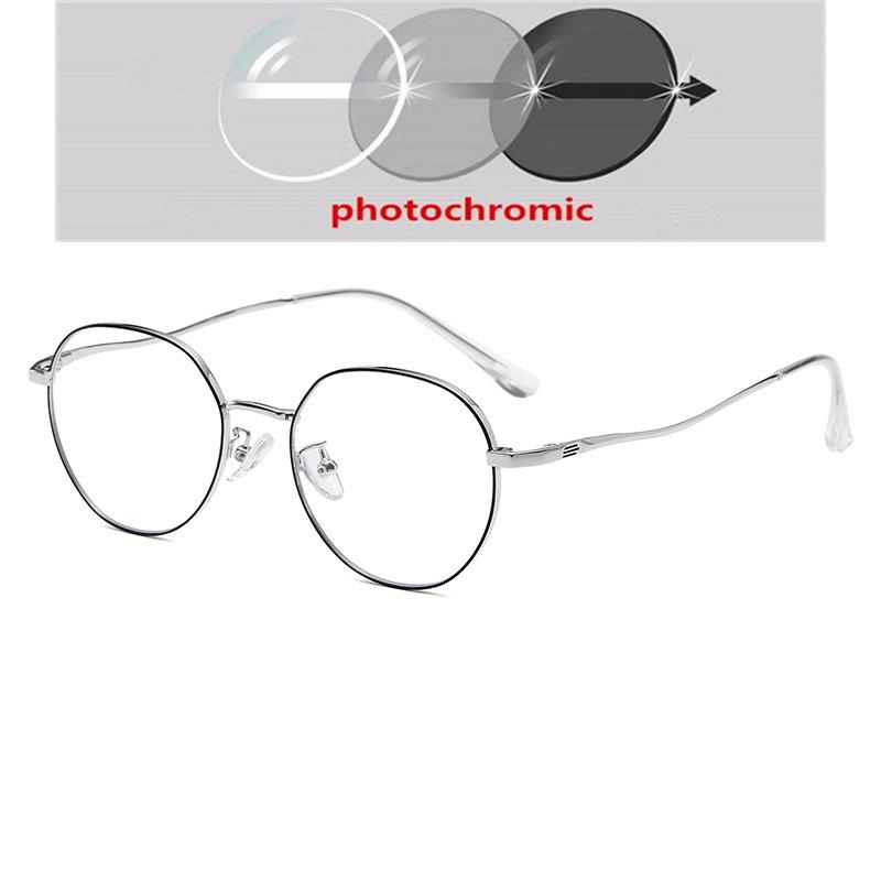 Diopter 0 -0.5 -0.75 Up To -6.0 Alloy Metal Female Male Blue Light Blocking Polygon With Prescription Spectacles Myopia Photochromic Eyeglasses