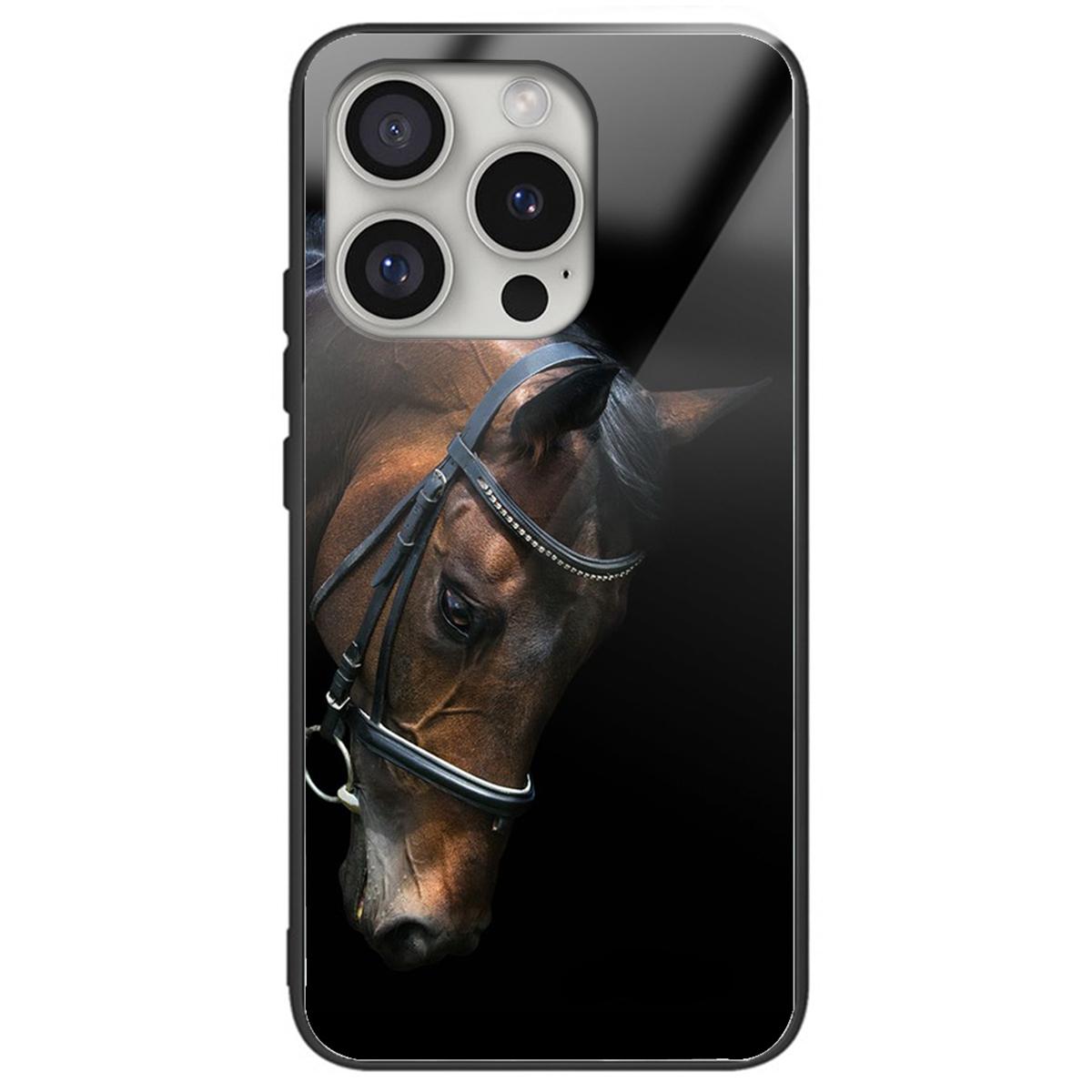 

For iPhone 16 Pro Case Pattern Printing Tempered Glass Back TPU Phone Cover Horse Head