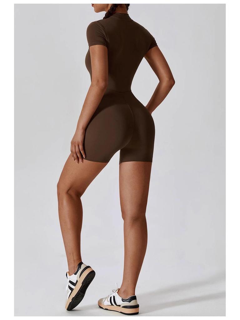 Women's Summer Zipper Short Sleeve Yoga Bodysuit Jumpsuit