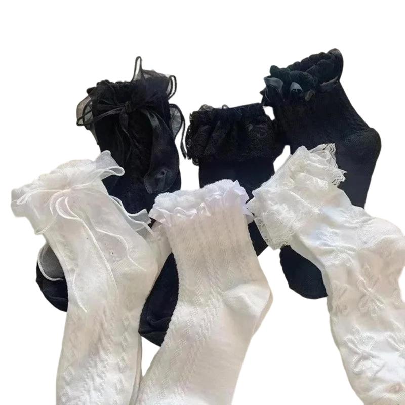 Lace Trim Bowknot Detail Ankle Socks 6 Pairs Thin Summer Middle Calf Socks for Japanese Styles Students Daily Wear