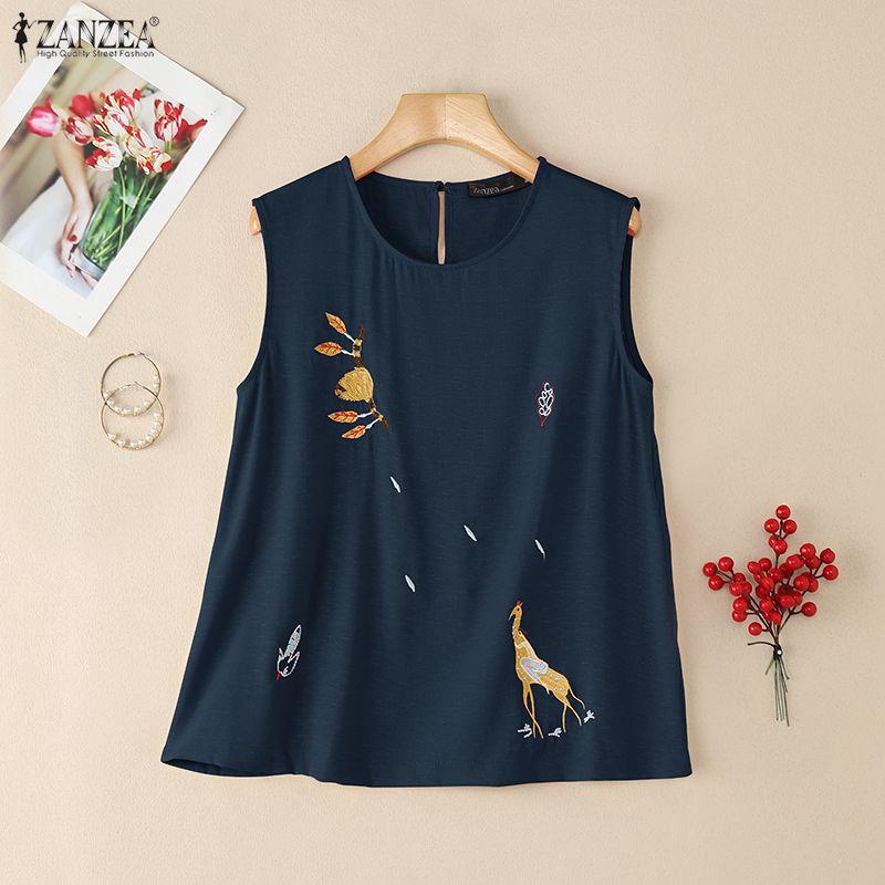 ZANZEA Women Casual Round Neck Sleeveless Embroidery Summer Tank Tops