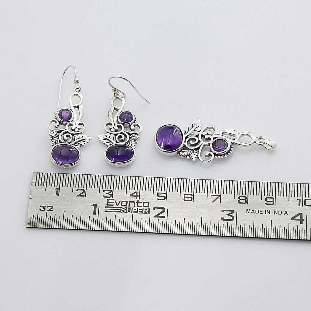 Amethyst Silver Pendant Earring Set, 925 Sterling Silver Handmade Jewelry, February Birthstone Jewelry, Dangle Earring An0448-185