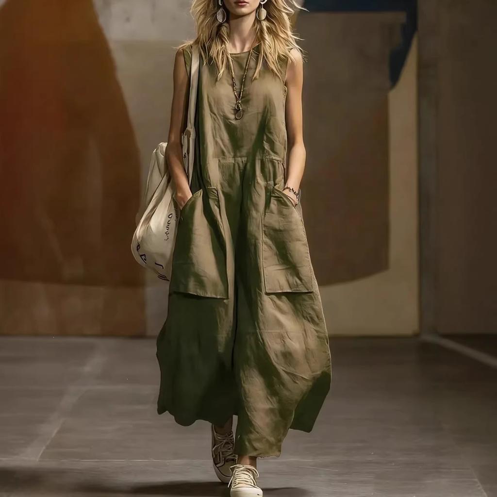 Abito Maxi da Donna Girocollo Senza Maniche Monocolore in Misto Lino Ampio con Grandi Tasche Laterali