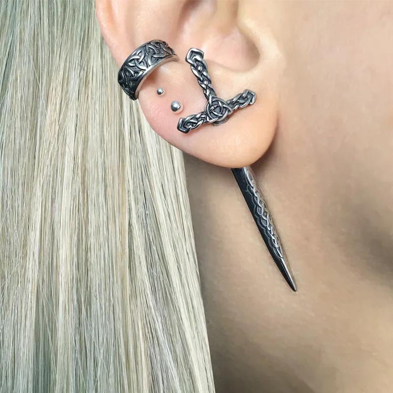 Steel Fun Jewelry Punk Sword Gothic Kinitial Piercing Earrings for Women&Men Goth Pattern Ear Jacket Cross Stud Earring Jewelry