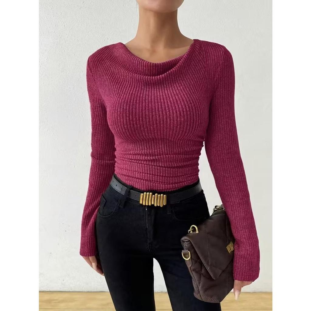 Suéter de Color Sólido para Mujer Otoño Invierno de Punto de Manga Larga Top Casual