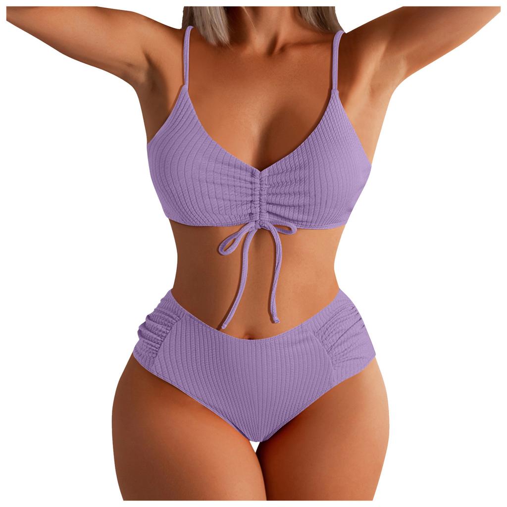 Women's High Waist Drawstring Split Bikini With Chest Pads Without Steel Bra Swimsuit