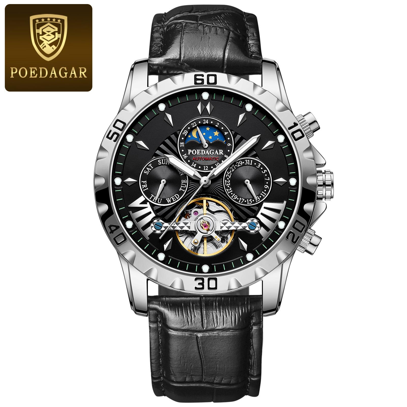 

POEDAGAR Luxury Automatic Wristwatch Waterproof Luminous Date Week Leather Men Watch Tourbillon Mechanical Fashion Watches чёрный/серебряный