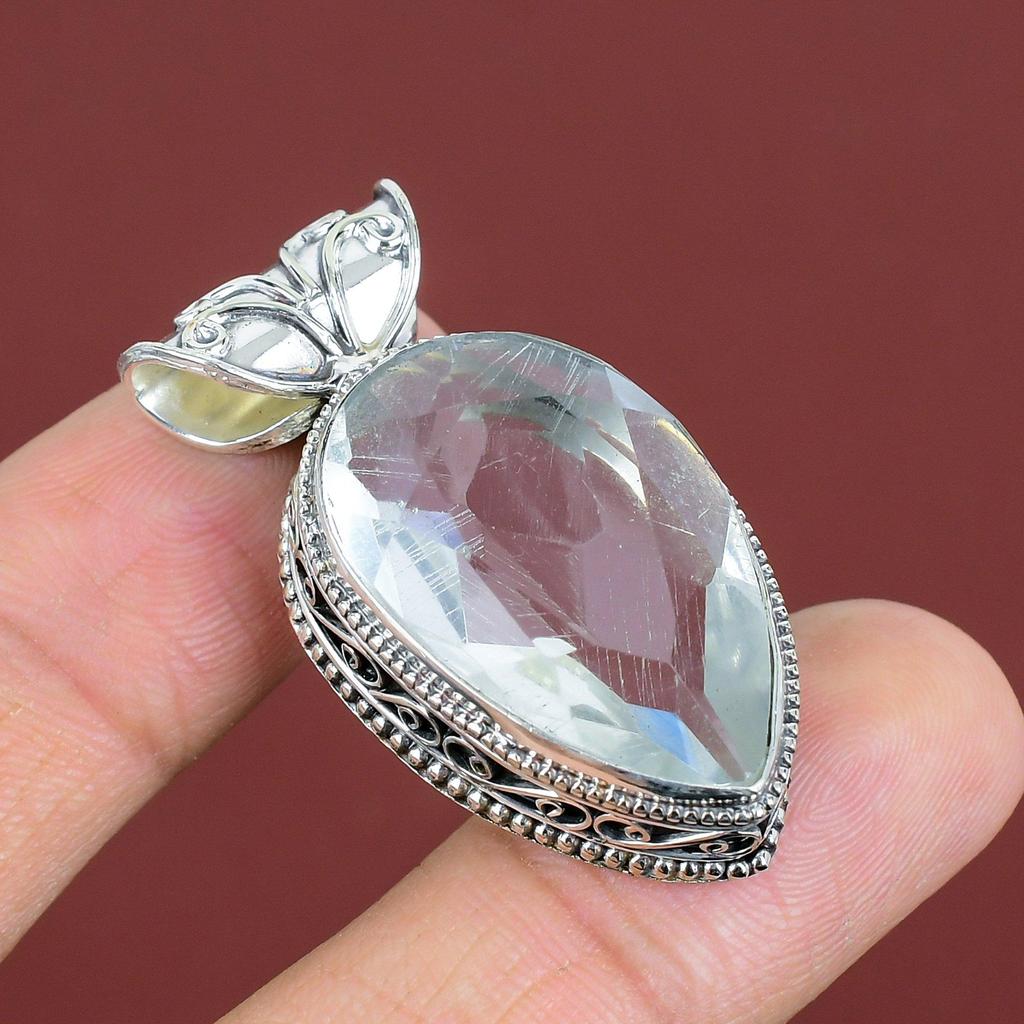Faceted White Topaz Pendant Handmade Gemstone Jewelry 925 Sterling Silver Pendant Awesome Vintage Pendant Handmade Pendant Gifts For Mother