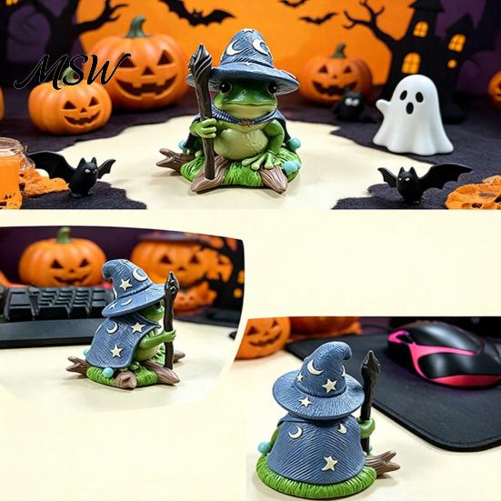 Halloween Wizard Frog Ornament Witch Ornaments, Resin Magic Figurine, Micro-landscape Miniature Unique Collectible Statue for Home Desktop Fish