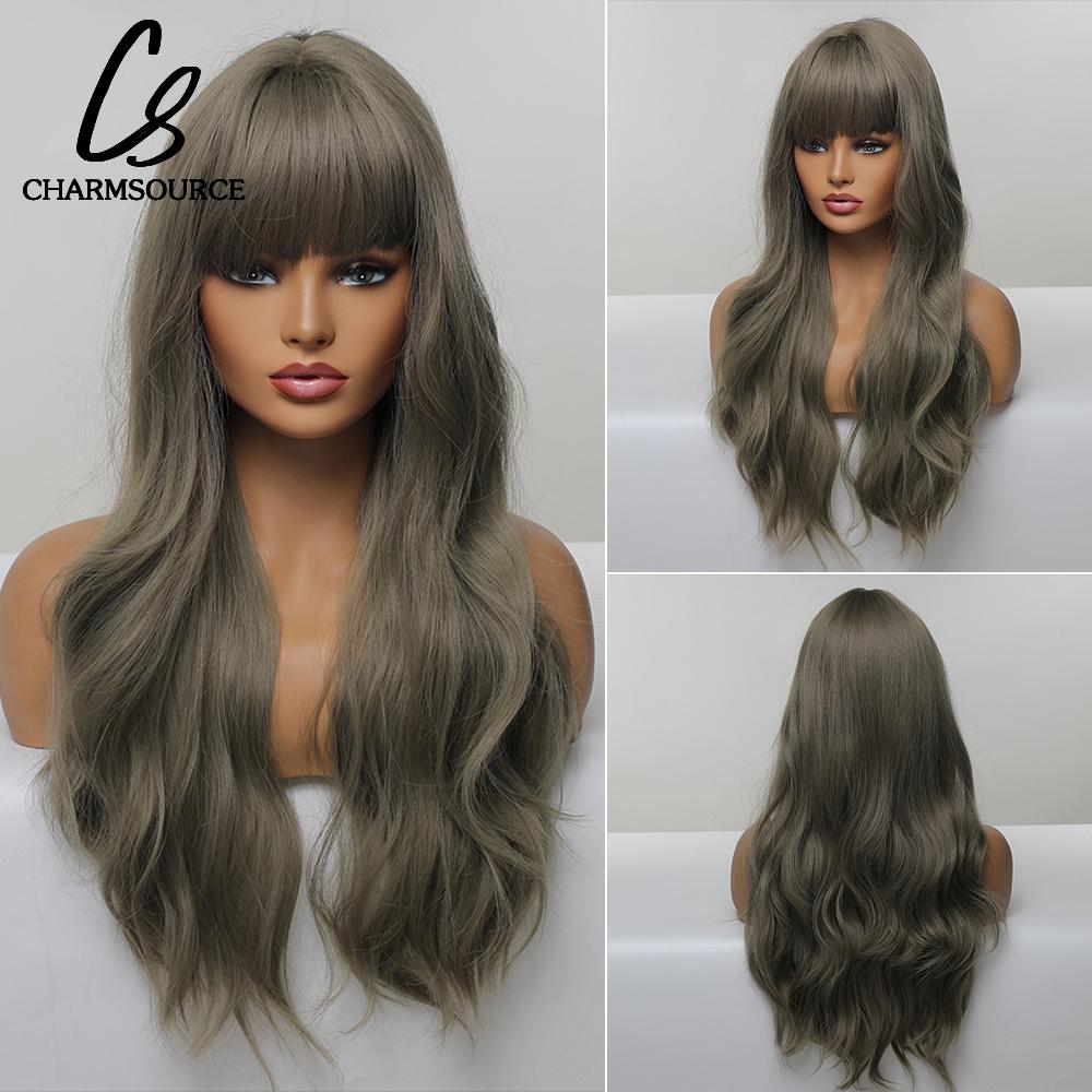 CharmSource Lange natürliche gewellte Perücke mit ordentlichem Pony/Fransen für Frauen, rosa Haar, synthetische Perücken, Cosplay, Party, hitzebeständige Faser