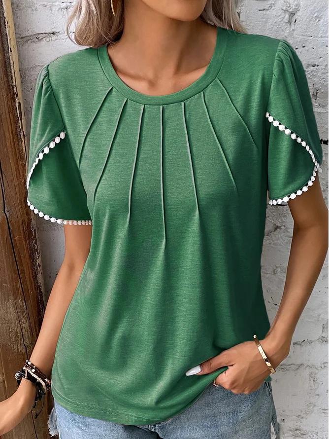 2026 Women's Summer Solid Color Pleated T-Shirt with Lace Short Sleeves