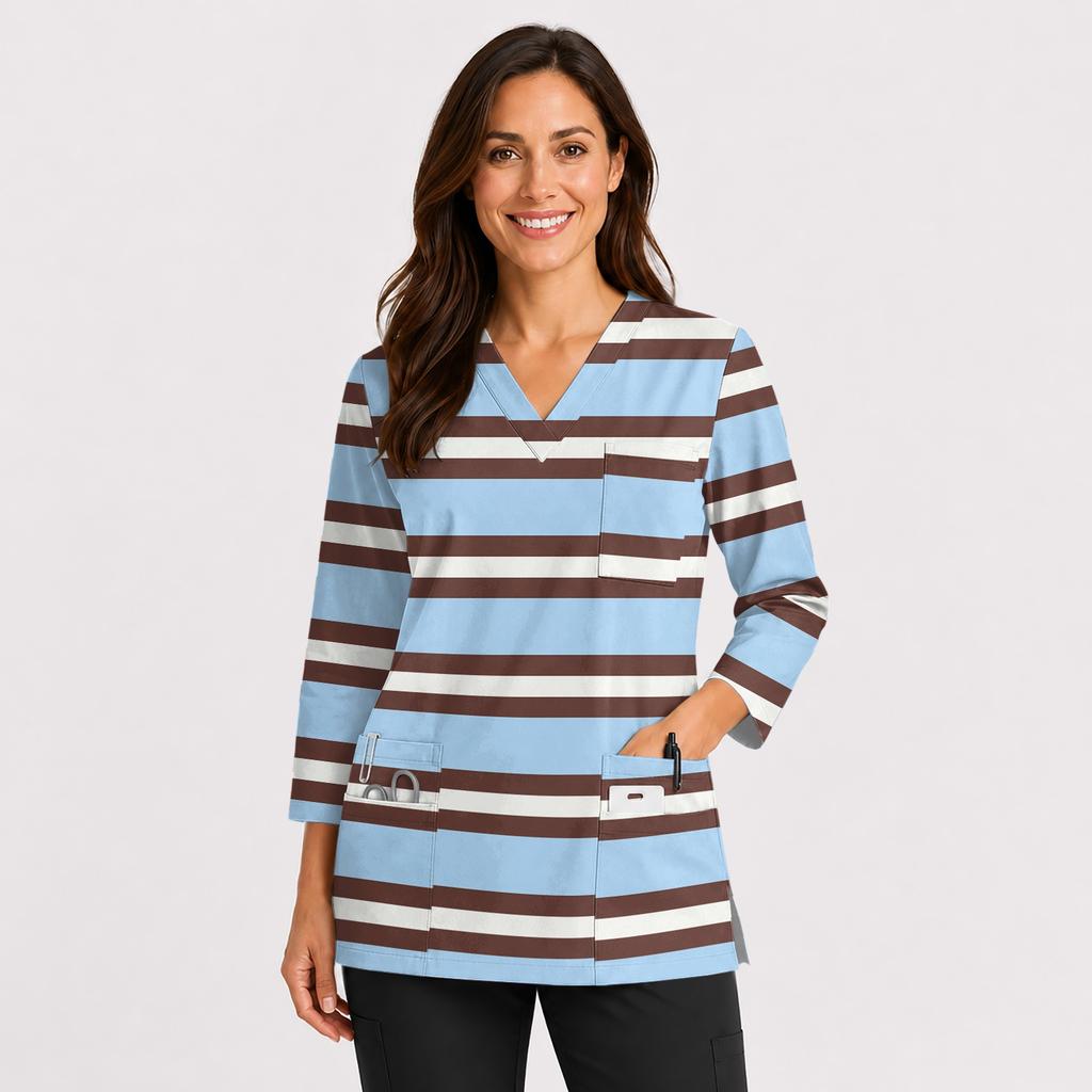 Women's Printed Uniform V Neck Top with Double Pockets and Side Slits 3/4 Sleeve