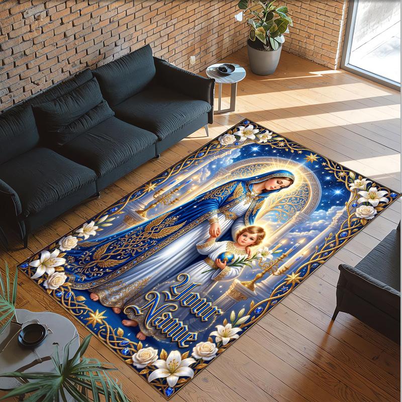 Virgin Mary Theme Crystal Velvet Rug Personalized Custom Name Text Soft Floor Mat Home Decor