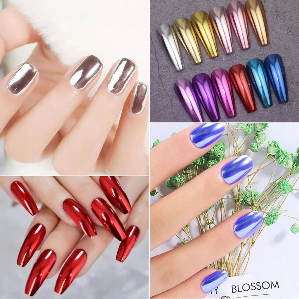 12-Piece Set of Mirror Nail Powder, Aurora, Gold, Silver, Pink, Blue, Purple, Metallic Powder for Gel Nails and Resin